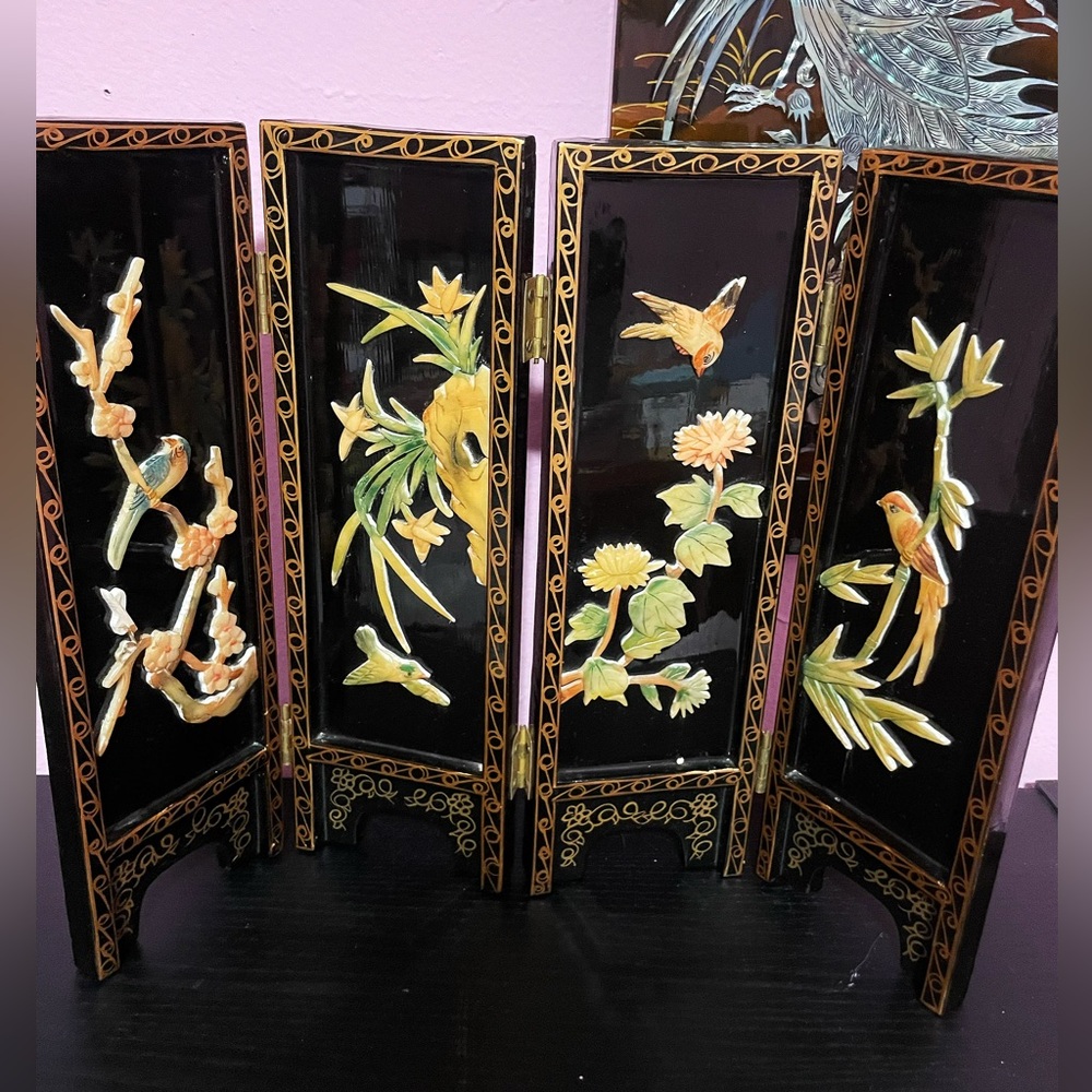 Vintage MCM Lacquer & Jade Table Top Screen